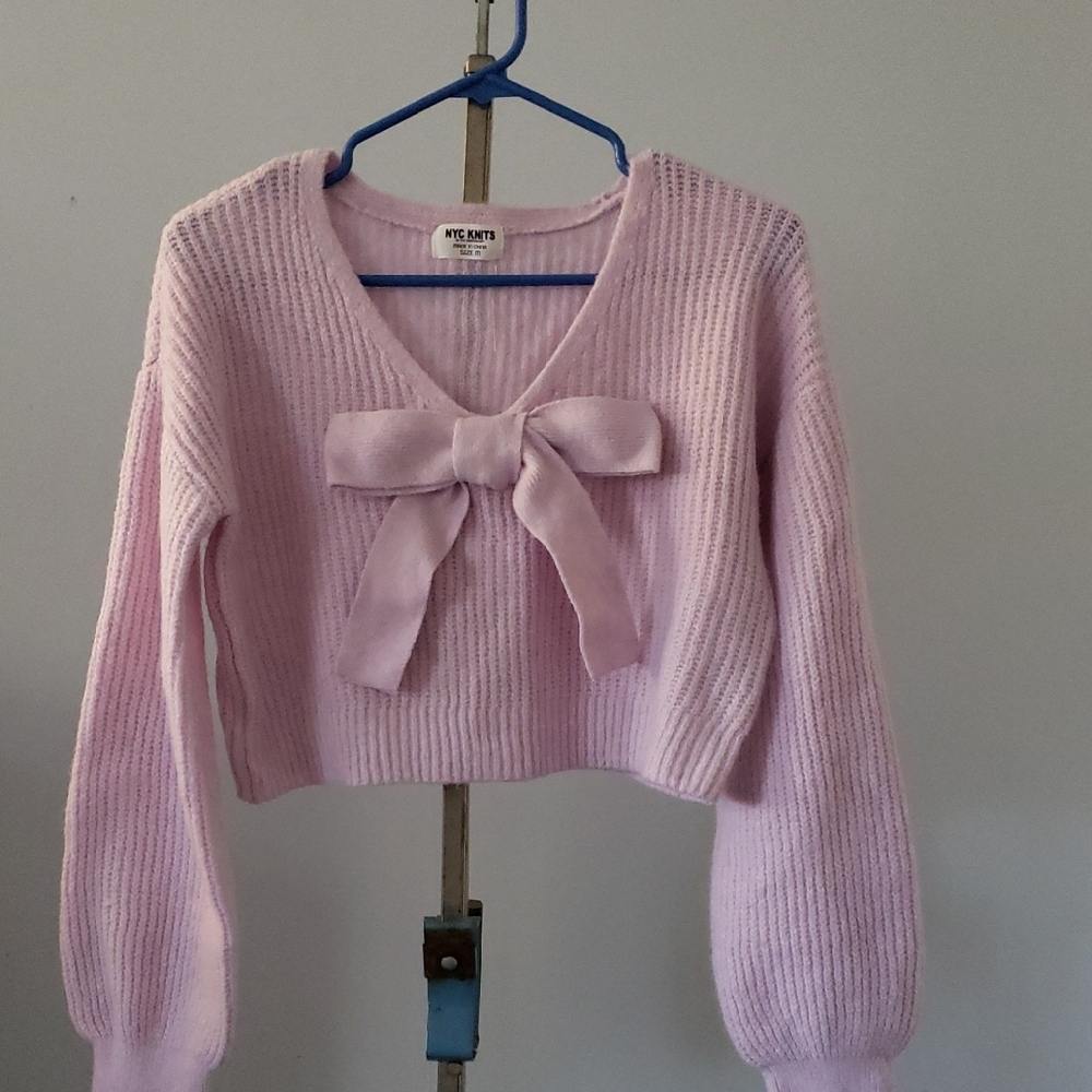 NWOT Pink Knit Crop Sweater with Bow Detail